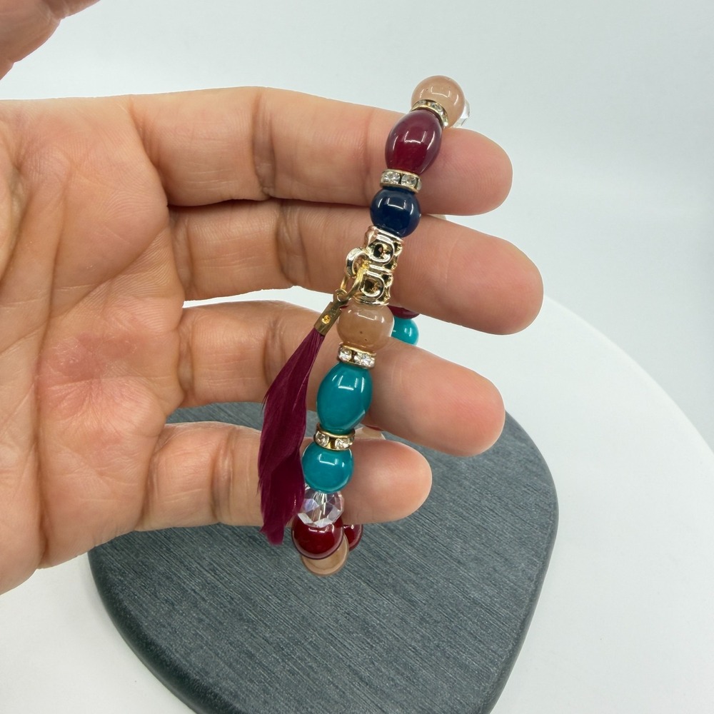 Multi-Color Beaded Stretch Bracelet with Burgundy Feather Charm Stacking Jewelry